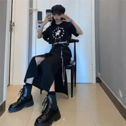 2025 New Spring Autumn Women Skirt Fashion Korean Style Black Long Skirts with Chain Side Slit Hip Hop Streetwear Plus Size