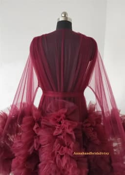 Women's Burgundy Photography Dress Sexy Robe Nightgown Ruffles Sleepwear Lace Tulle Bathrobe Pajamas Prom Bridesmaid Shawl