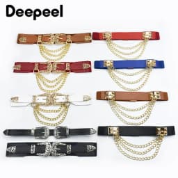 1Pc 4*68cm Women Elastic Double Buckle Belts Cummerbunds Chain Ladies Waistband with Dress Fashion Decoration Punk Belt Corset