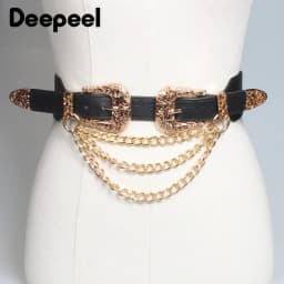 1Pc 4*68cm Women Elastic Double Buckle Belts Cummerbunds Chain Ladies Waistband with Dress Fashion Decoration Punk Belt Corset
