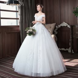White Long Wedding Dress Embroidered Lace on Net Boat Neck Lace-Up Ball Gown Wholesale Cheap Manufacturer HMHS-83