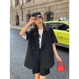Korean Loose 2 Piece Women Short Set with Blazer Summer 2025 Thin Short-sleeved Blazers + Shorts Casual Office Ladies Suits