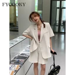 Korean Loose 2 Piece Women Short Set with Blazer Summer 2025 Thin Short-sleeved Blazers + Shorts Casual Office Ladies Suits