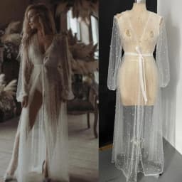 Pearls Long Sleeve Wedding Jacket Tulle Party Shawl Bolero Floor-Length Bridal Cape Sexy Pearl Robe Customized