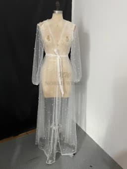 Pearls Long Sleeve Wedding Jacket Tulle Party Shawl Bolero Floor-Length Bridal Cape Sexy Pearl Robe Customized