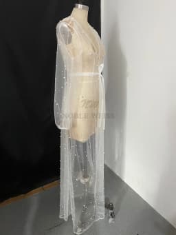 Pearls Long Sleeve Wedding Jacket Tulle Party Shawl Bolero Floor-Length Bridal Cape Sexy Pearl Robe Customized