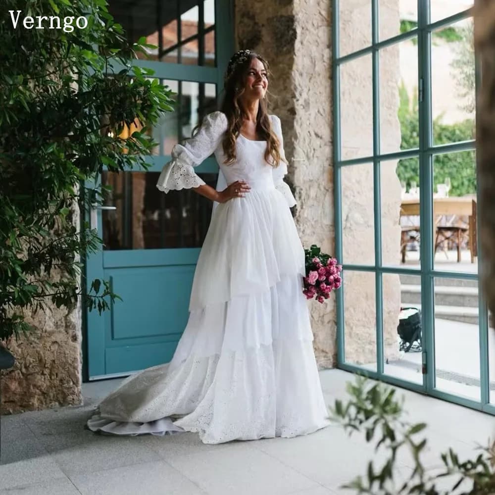 Verngo Rustic Boho Wedding Dress Vintage Lace Wedding Dress 2026 A Line Bride Gown Half Sleeves Tiered Wedding Gowns Customized