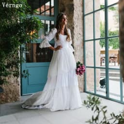 Verngo Rustic Boho Wedding Dress Vintage Lace Wedding Dress 2026 A Line Bride Gown Half Sleeves Tiered Wedding Gowns Customized