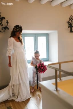 Verngo Rustic Boho Wedding Dress Vintage Lace Wedding Dress 2026 A Line Bride Gown Half Sleeves Tiered Wedding Gowns Customized