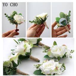 YO CHO White Silk Roses Corsages Boutonnieres Wedding Decoration Marriage Rose Wrist Corsage Pin Boutonniere Flowers for Guests