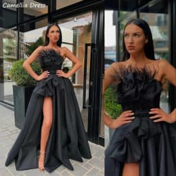 Elegant Black High Split Evening Dresses 2023 Strapless Feather Draped Satin Prom Dress Custom Made Formal Party Gown فستان سهرة