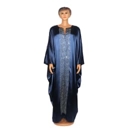 Fashion African Woman Large Size Bat Sleeve Dress Muslim Islamic Style Robe Imitation Silk Hot Fix Rhinestone