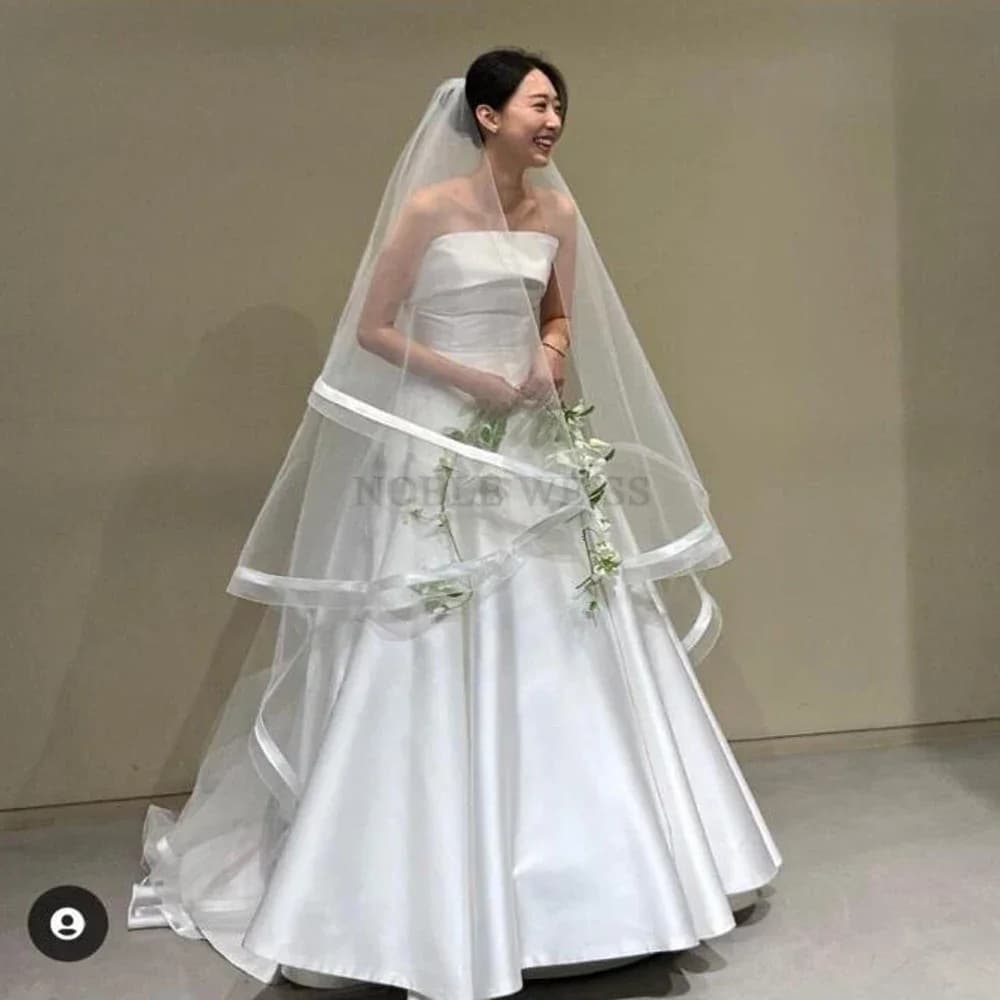 Ribbon Wedding Veil With Comb Two Layer Bridal Veils Horsehem Customized