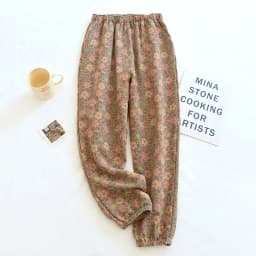 2026 New Spring Summer Women's Pajamas 100% Cotton Crepe Pants Women's Comfortable Loose Large Leaf Home Pants Thin Bottoms