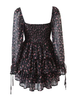 YENKYE Autumn Fashion Women Vintage Floral Print Chiffon Dress Sexy Semi-Sheer Long Sleeve Layered Ruffle Ladies Short Dress