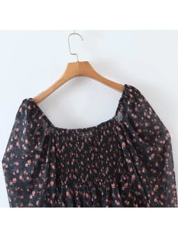 YENKYE Autumn Fashion Women Vintage Floral Print Chiffon Dress Sexy Semi-Sheer Long Sleeve Layered Ruffle Ladies Short Dress