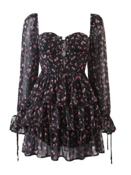 YENKYE Autumn Fashion Women Vintage Floral Print Chiffon Dress Sexy Semi-Sheer Long Sleeve Layered Ruffle Ladies Short Dress