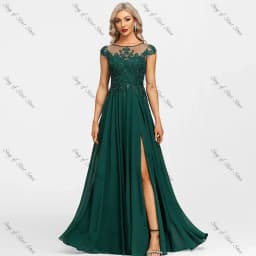 Customized O-Neck A-Line Emerald Mother of the Bride Dresses Side Slit Lace Appliques Sequined Chiffon Wedding Guest Prom Gowns