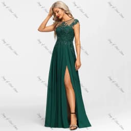 Customized O-Neck A-Line Emerald Mother of the Bride Dresses Side Slit Lace Appliques Sequined Chiffon Wedding Guest Prom Gowns