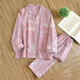 2026 New Spring And Summer Women's Pajamas Suit Long-sleeved Trousers Two-piece 100% Cotton Crepe Flower Leaves Home Clothes
