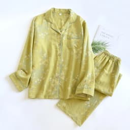 2026 New Spring And Summer Women's Pajamas Suit Long-sleeved Trousers Two-piece 100% Cotton Crepe Flower Leaves Home Clothes