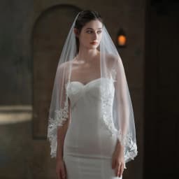 Exquisite Bridal White Veil Plain Tulle Handmade Lace Appliqued Fingertip Brides Headdress Veil with Hair Comb V683