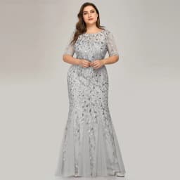 2023 Plus Size Sequin Mesh Mermaid Slim Evening Dress Beaded Leaves Pattern Formal Women Elegant Party Prom Gowns Short Sleeve