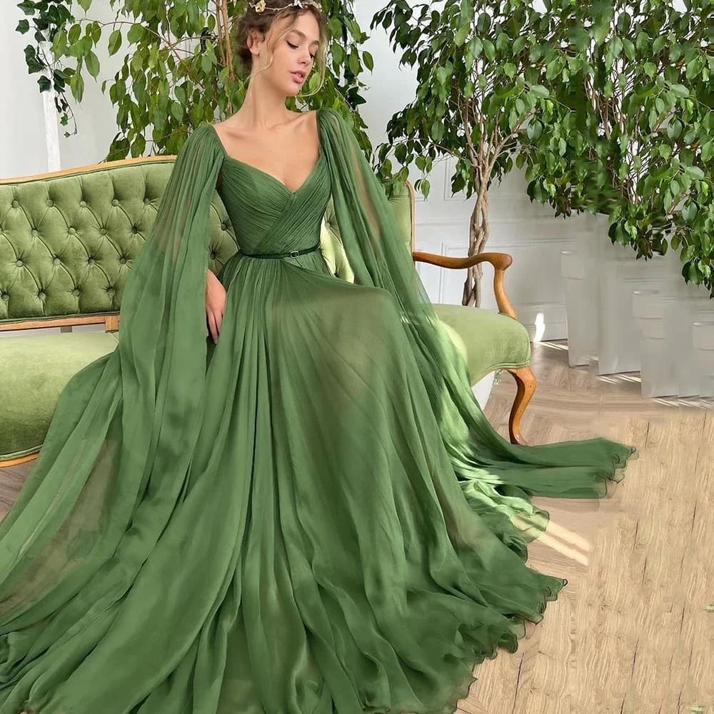 Customized Elegant Chiffon Evening Dresses V-Neck Sleeveless Side High Split Long Party Dress Simple Pleat Sweep Train Prom Gown