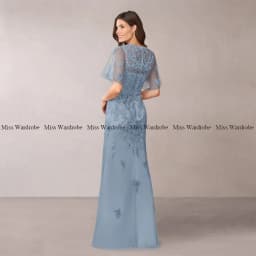 Mother Of The Bride Blue Dresses Floor Length Tulle Applique Short Sleeve Long For Weddings Formal Party Gown Elegant Customze