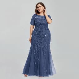 Women Plus Size Sequin Mesh Embroidery Mermaid Evening Dress Formal Short Sleeve Elegant Party Prom Gowns 2020 New Long Dress