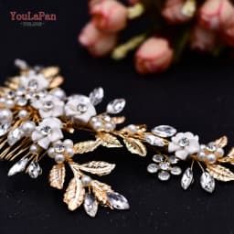 YouLaPan Gold Floral Wedding Hair Comb Bridal Crystal Pearls Headpiece Hair Accessories Bride Jewelry Women Hair Clips HP368