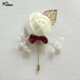 Meldel Corsage Groom Wedding Luxury Rose Boutonniere Rose Flower Fake Pearl Brooch Party Prom Corsage Lapel Pin Badge Buttonhole