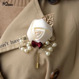 Meldel Corsage Groom Wedding Luxury Rose Boutonniere Rose Flower Fake Pearl Brooch Party Prom Corsage Lapel Pin Badge Buttonhole