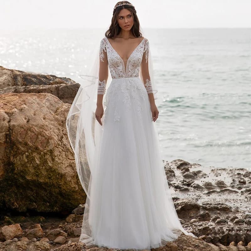 Hot Sale Summer Boho Long Sleeve Bridal Wedding Dresses Lace Plunge V Neckline Wedding Gowns for Bride Backless Sweep Train 2021