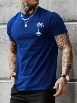 Men's Summer Casual Loose Size 100% Cotton Coconut Trees Print Round Neck Short Sleeve T-shirt Top