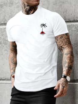 Men's Summer Casual Loose Size 100% Cotton Coconut Trees Print Round Neck Short Sleeve T-shirt Top