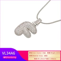 1.25x500mm Fat and Lovely Crystal Brass Silver Color A-Z Letter Charm Necklace for Women Friends Birthday Gift Model: VL34