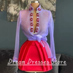 New Two Piece Cocktail Dresses Purple Organza Diamond Jewelry Long Sleeve Above Knee Party Banquet and Prom Dress for Women