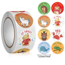 50-500Pcs Round English Cartoon Animal Stickers Teacher Reward Students Stickers Self-adhesive Stationery Stickers