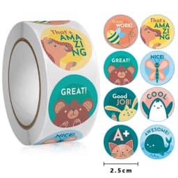 50-500Pcs Round English Cartoon Animal Stickers Teacher Reward Students Stickers Self-adhesive Stationery Stickers