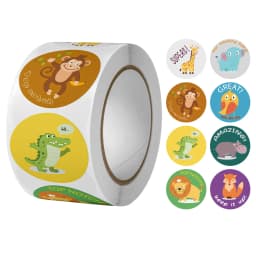 50-500Pcs Round English Cartoon Animal Stickers Teacher Reward Students Stickers Self-adhesive Stationery Stickers