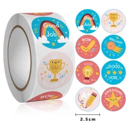 50-500Pcs Round English Cartoon Animal Stickers Teacher Reward Students Stickers Self-adhesive Stationery Stickers