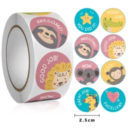50-500Pcs Round English Cartoon Animal Stickers Teacher Reward Students Stickers Self-adhesive Stationery Stickers