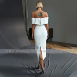 Midi Wedding Dress Simple Off the Shoulder Sheath/Column Wedding Gown For Women Bride Backless Short Bridal Reception Dress
