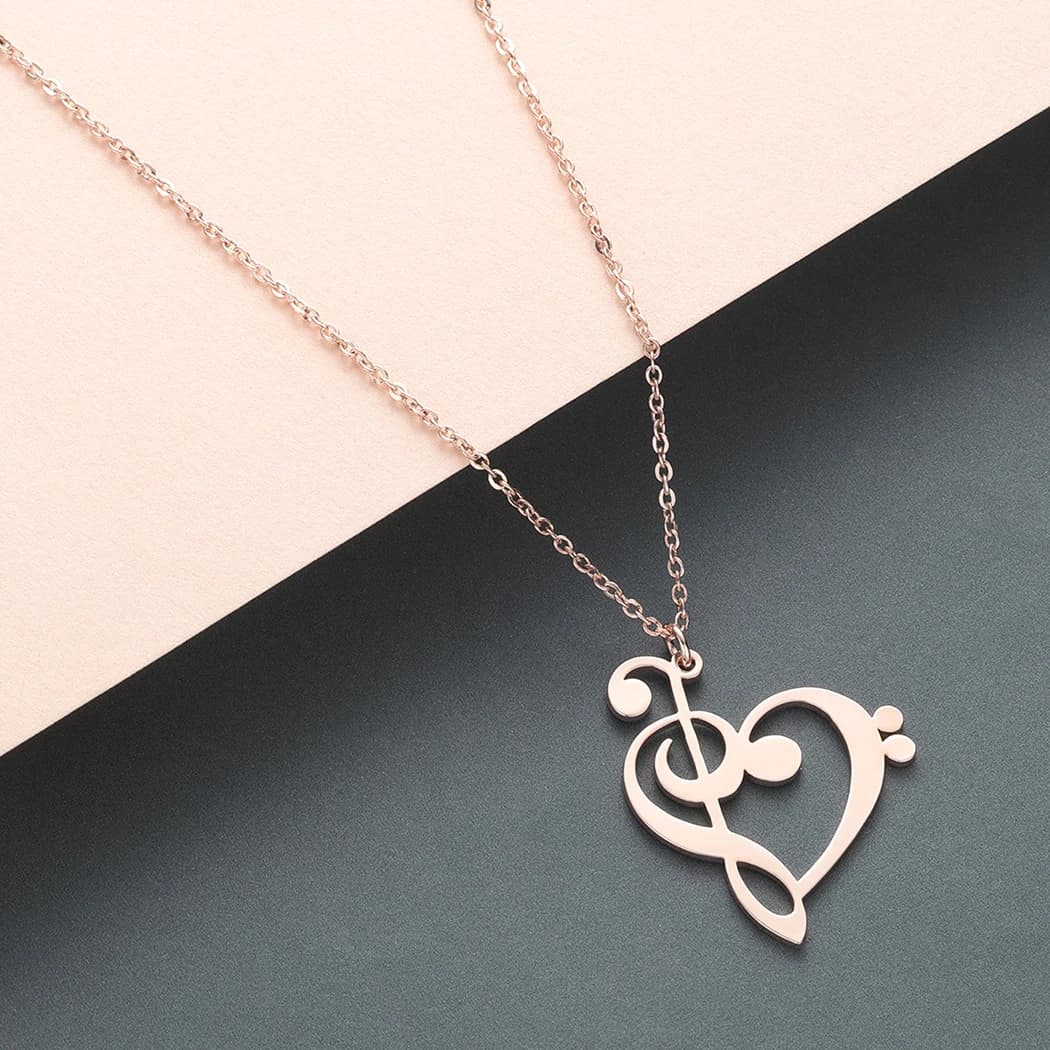 Kinitial Simple Design Treble and Bass Clef Heart Pendant Necklace Chain for Gift Charm Heart Music Teacher Necklaces Jewelry