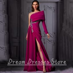 Purple Red One Shoulder Long Sleeve Evening Dress High Side Applique Pleat A-Line Floor Length Party Prom Dresses for Women