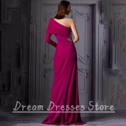 Purple Red One Shoulder Long Sleeve Evening Dress High Side Applique Pleat A-Line Floor Length Party Prom Dresses for Women