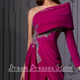 Purple Red One Shoulder Long Sleeve Evening Dress High Side Applique Pleat A-Line Floor Length Party Prom Dresses for Women