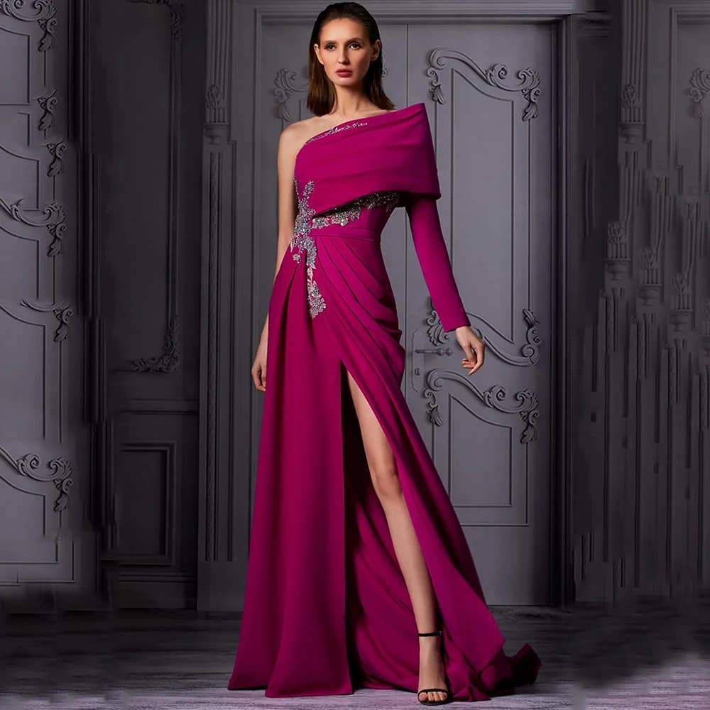 Purple Red One Shoulder Long Sleeve Evening Dress High Side Applique Pleat A-Line Floor Length Party Prom Dresses for Women