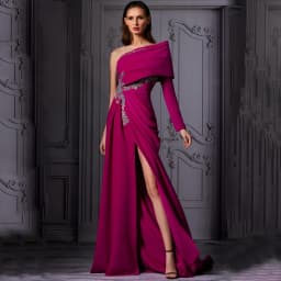 Purple Red One Shoulder Long Sleeve Evening Dress High Side Applique Pleat A-Line Floor Length Party Prom Dresses for Women